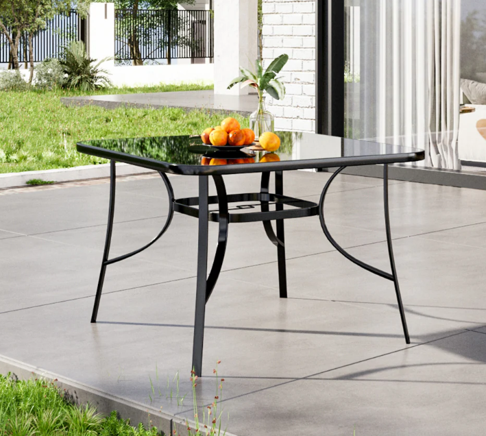 Metal Square Outdoor Dining Table with Tempered Glass Top